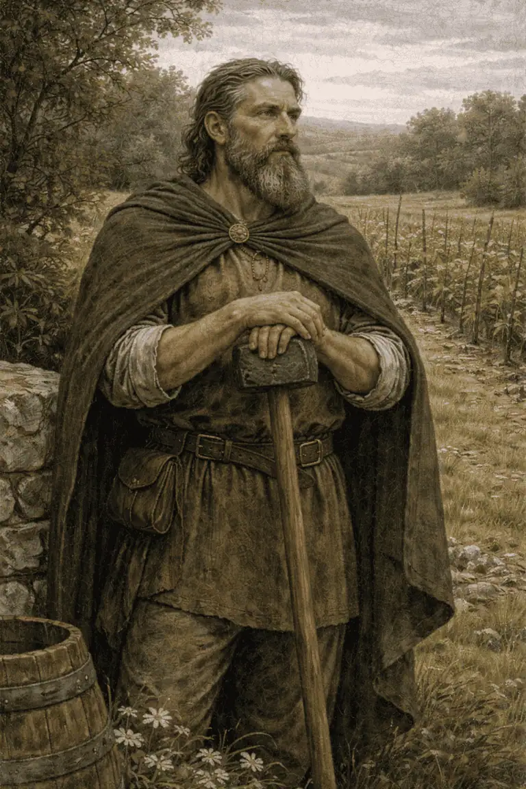 A bearded man dressed in Celtic-inspired clothing stands outdoors, overlooking a field with a walking stick.