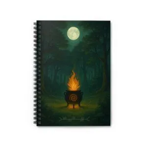 Illustration of a full moon over a dense forest with a glowing fire in a cauldron.