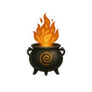 Illustration of a fire burning inside an ancient black cauldron with a spiral symbol.