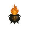 A dark cauldron with a spiral ogham symbol contains stylized orange flames, representing fire and spiritual energy.