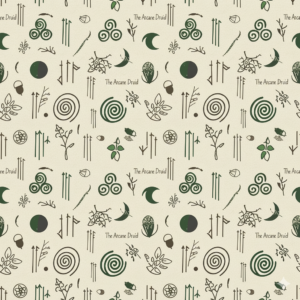 Intricate pattern of Celtic symbols, druidic icons, and natural motifs on a light background.