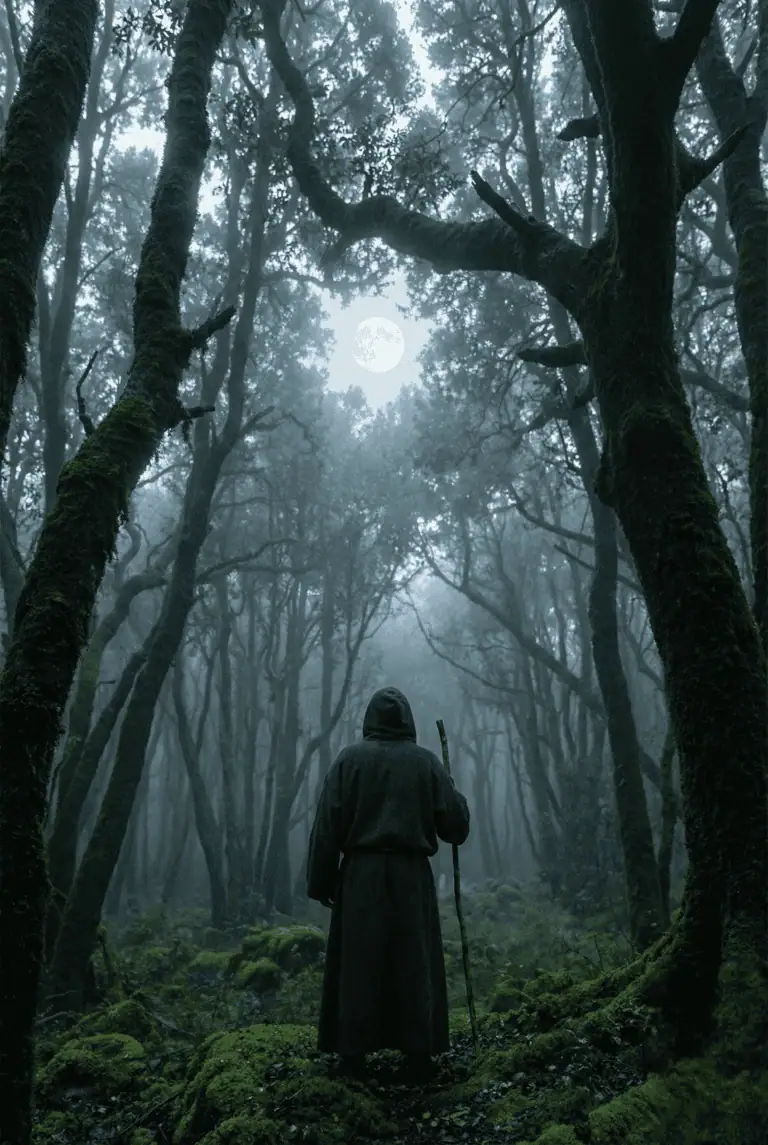 A hooded figure stands in a lush mossy forest under a glowing full moon, surrounded by tall, twisted trees.