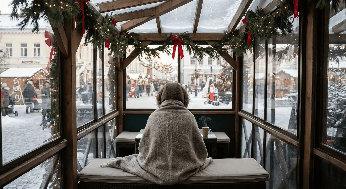 A person wrapped in a cozy blanket sits alone, gazing out at the holiday holiday lights and bustling crowd.