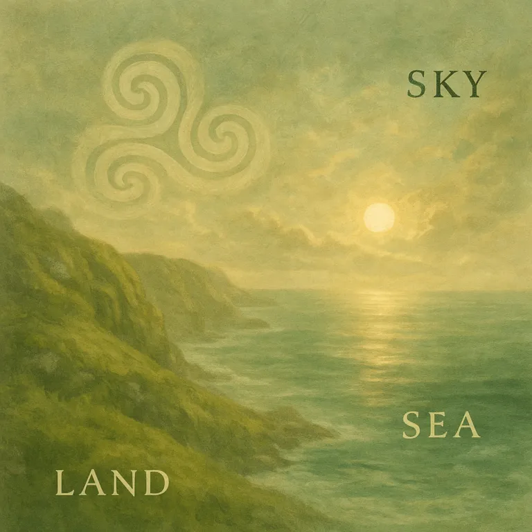 A serene landscape of land, sea, and sky with soft, pastel-like colors and calm waters.