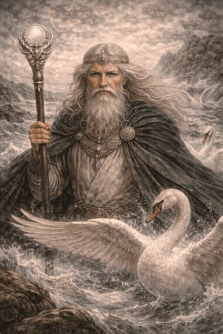 Ancient Celtic spiritual figure with long hair, beard, and regal attire, amid swans and turbulent waters.