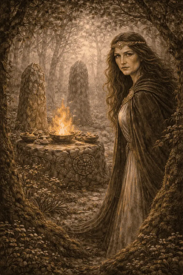 A woman druid in a forest setting, with ogham stones, a small fire, and ancient symbols, surrounded by trees and mist.