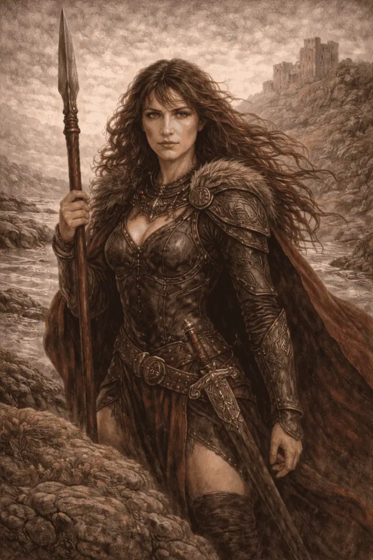 A fierce female warrior holding a spear, adorned in leather armor with intricate designs, standing by a mountain river.