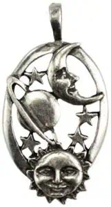 Pendant featuring a crescent moon, sun, and stars in a Celtic-inspired design.