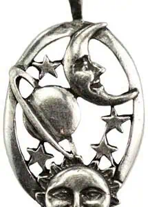 Pendant featuring a crescent moon, sun, and stars in a Celtic-inspired design.
