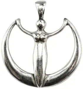 Silver pendant featuring a stylized human figure with outstretched arms, framed by crescent shapes,.