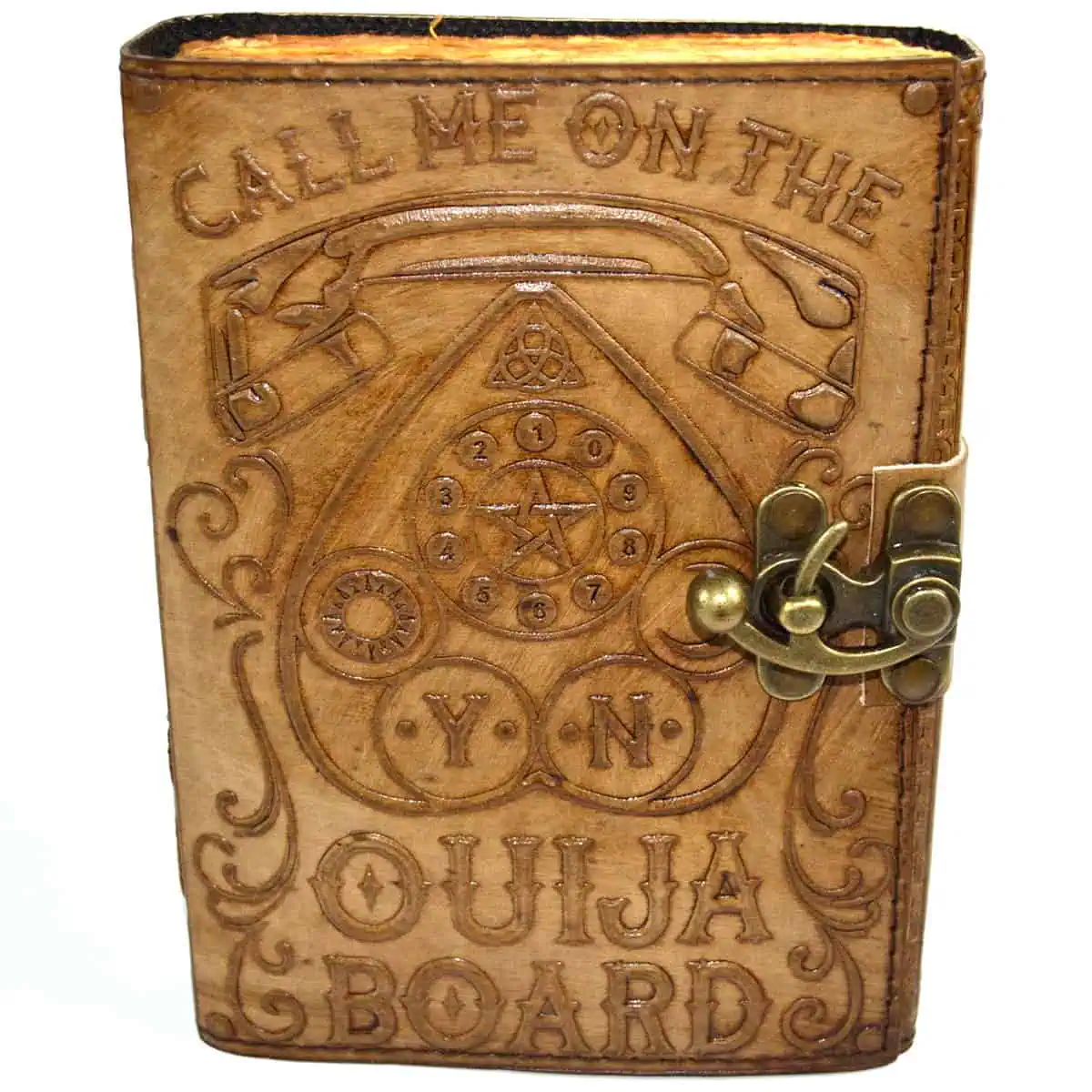 Wooden Ouija board with planchette and engraved symbols, used for spiritual communication.