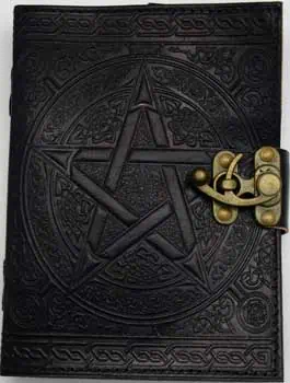A carved stone featuring a pentagram surrounded by Celtic knot patterns and ogham inscriptions.