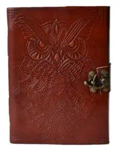 Leather-bound book with owl and ogham carvings, metal clasp, on a wooden surface.