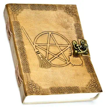 Old Celtic-style book with pentagram, ogham symbols, and decorative border, related to Celtic spirit.