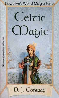 Illustration of a woman in Celtic attire holding a book, surrounded by nature elements.