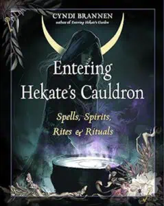Book cover featuring a dark figure with a crescent moon, surrounded by mystical symbols and nature e.