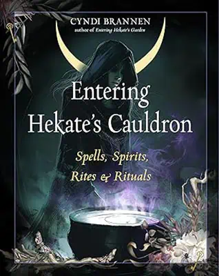 Book cover featuring a dark figure with a crescent moon, surrounded by mystical symbols and nature e.