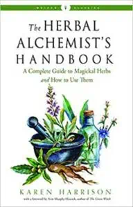 Cover of a herbal alchemy book with herbs, mortar, and bottles.