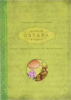 Book cover with Ostara title, mushroom, flower, and squirrel illustration, related to Celtic spiritu.