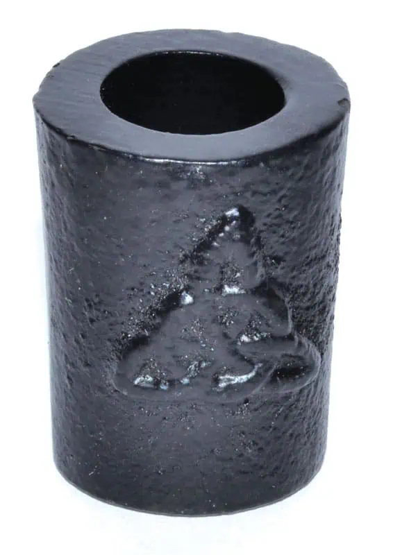 Black cylindrical candle holder with Celtic knot design, made of textured material.