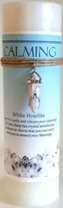 White Howlite crystal candle for relaxation and focus.