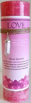 Rose Quartz candle with "LOVE" label and twine decoration.