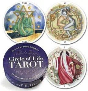 A set of four Celtic-inspired tarot cards with intricate designs and symbols.