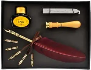 Quill, ink bottle, and tools for Celtic spiritual writing and education.