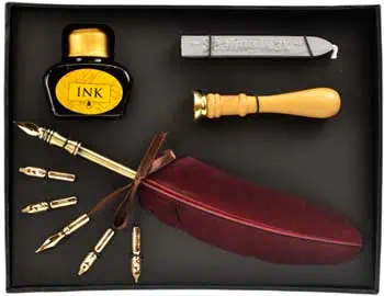 Quill, ink bottle, and tools for Celtic spiritual writing and education.
