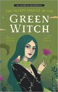 Illustration of a woman with long teal hair holding a pink flower, surrounded by greenery and celest.