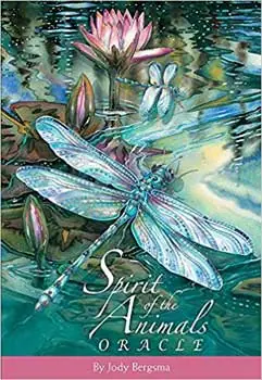 Water lily and dragonfly on a pond, surrounded by water reflections and aquatic plants.