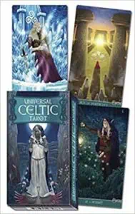 A tarot card featuring a woman in a purple cloak amid snow and ice, symbolizing winter themes.