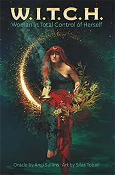 Illustration of a woman with red hair, holding branches, surrounded by celestial elements, represent.