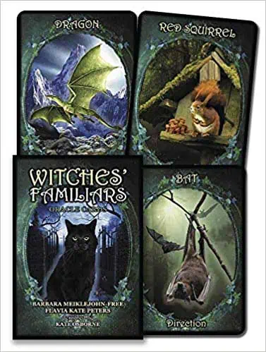 A set of four tarot-style cards featuring a dragon, red squirrel, black cat, and bat, used for Celti.