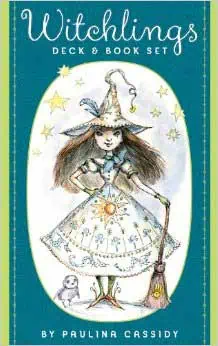 Illustration of a young witch with a broomstick, wearing a pointed hat, surrounded by stars.