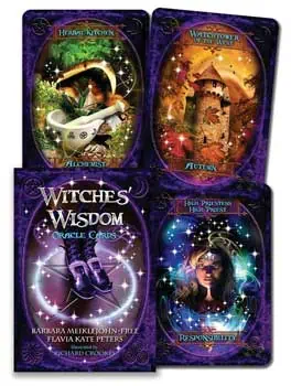 Oracle card set featuring mystical symbols and a cauldron with a forest background.