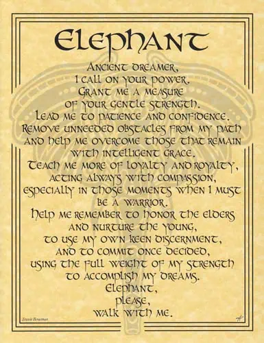 Modern Celtic-inspired prayer for strength, confidence, and loyalty, featuring an elephant illustrat.
