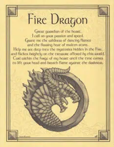 Illustration of a fire dragon with detailed scales and flames, related to Celtic spirituality and el.