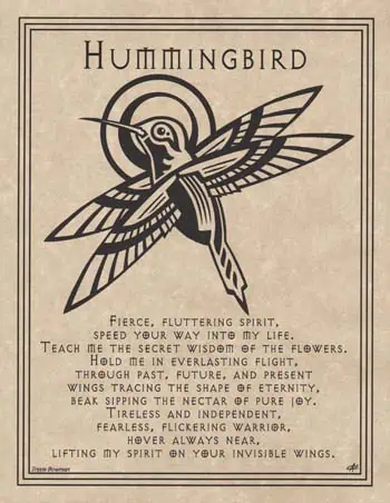 Hummingbird illustration with a poetic inscription.