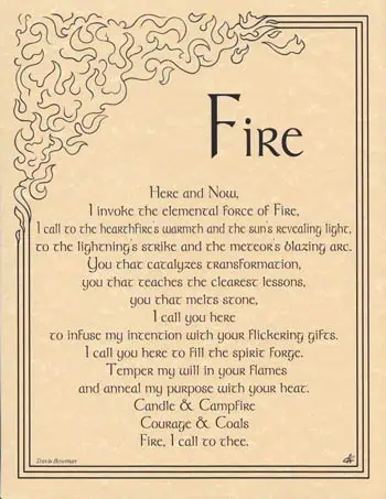 A poetic invocation to the element of fire, emphasizing transformation, energy, and spiritual warmth.