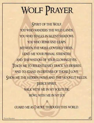 Modern Celtic-inspired wolf prayer with nature themes and spiritual guidance.