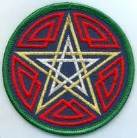 Circular patch featuring a pentacle with Celtic knot patterns in red, yellow, and green.