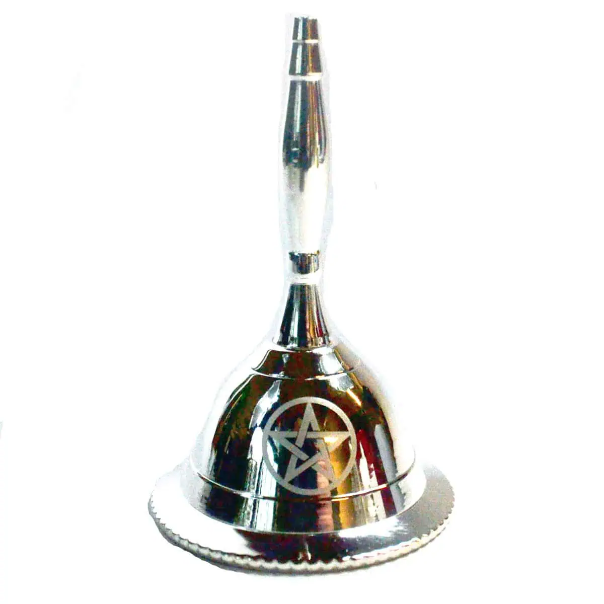 Bell with pentagram symbol, made of shiny metal, used in spiritual or ritual practices.