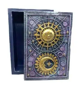 Decorative celestial calendar with sun and moon symbols, used in Celtic spirituality and nature vene.