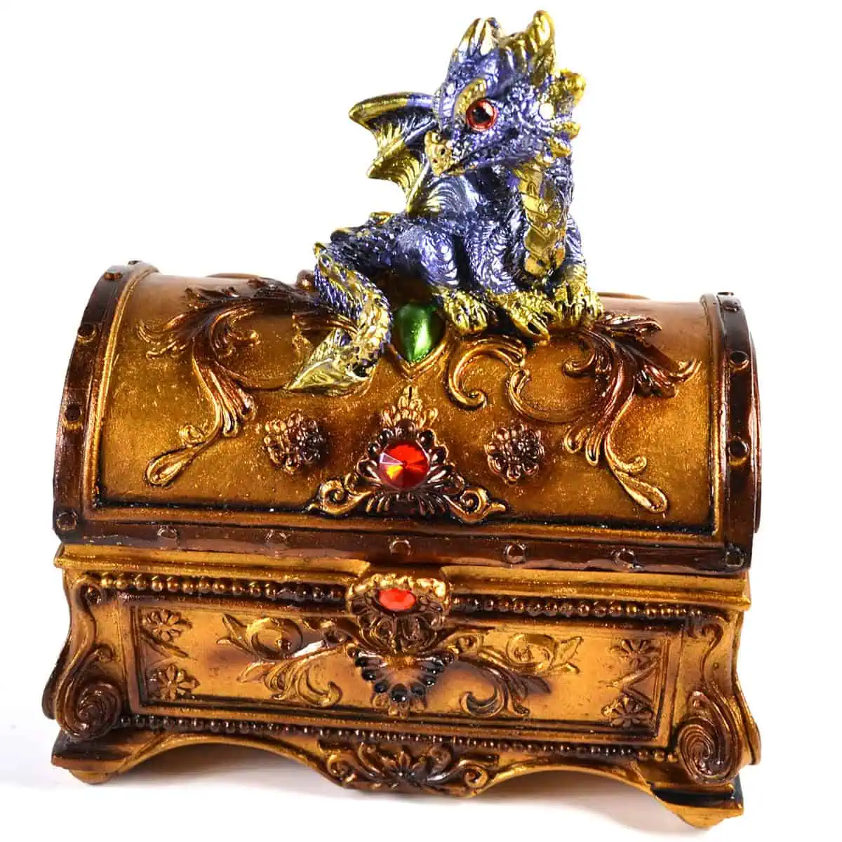 Treasure chest with a detailed dragon figurine on top, decorated with colorful gemstones.