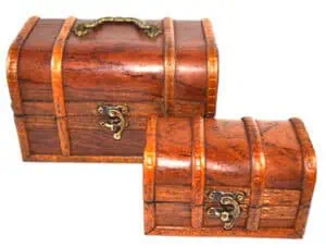 Treasure chest made of wood with metal fittings and latch.