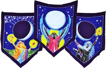 Banners featuring moon, stars, and Celtic-inspired designs for spiritual ceremonies.