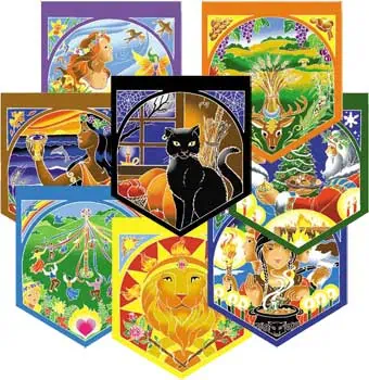 A set of colorful Celtic-themed tarot cards featuring nature, animals, and spiritual symbols.