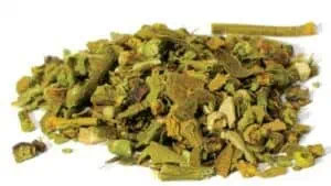 Dried herbal mixture with green and brown plant pieces, used in Celtic spiritual practices.