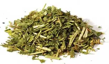 Herbal mixture with dried green leaves and stems, used in Celtic spiritual and druidic rituals.